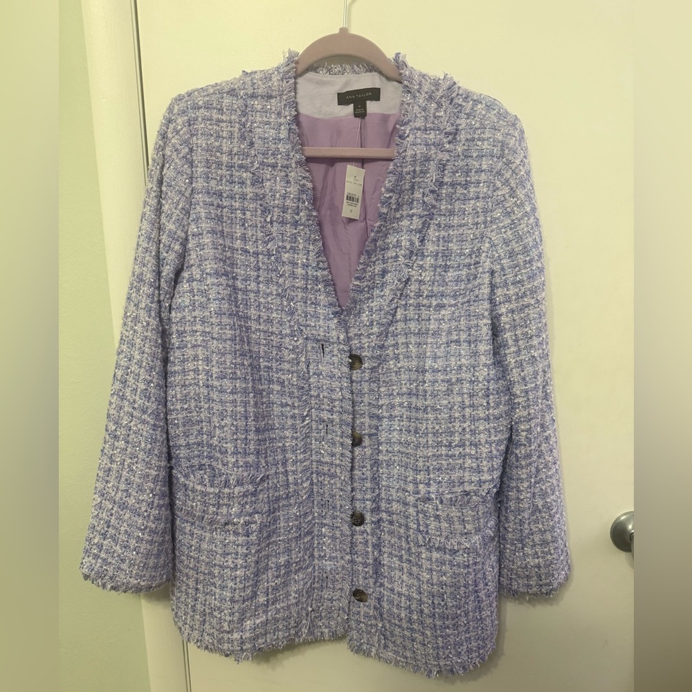 Ann Taylor size 12 long tweed blazer jacket purple w pockets NEW with tags!